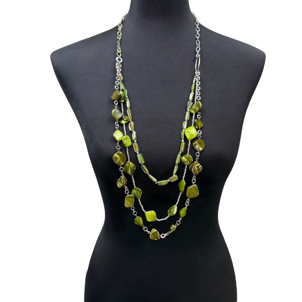 NY & Co Green Glass Multi Strand Necklace Chunky Statement Fashion Jewelry 19 in